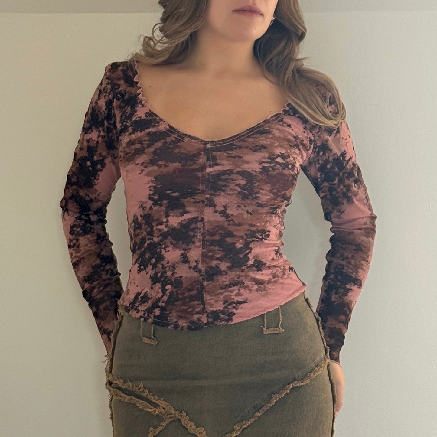 Pink long-sleeved mesh top - Size S