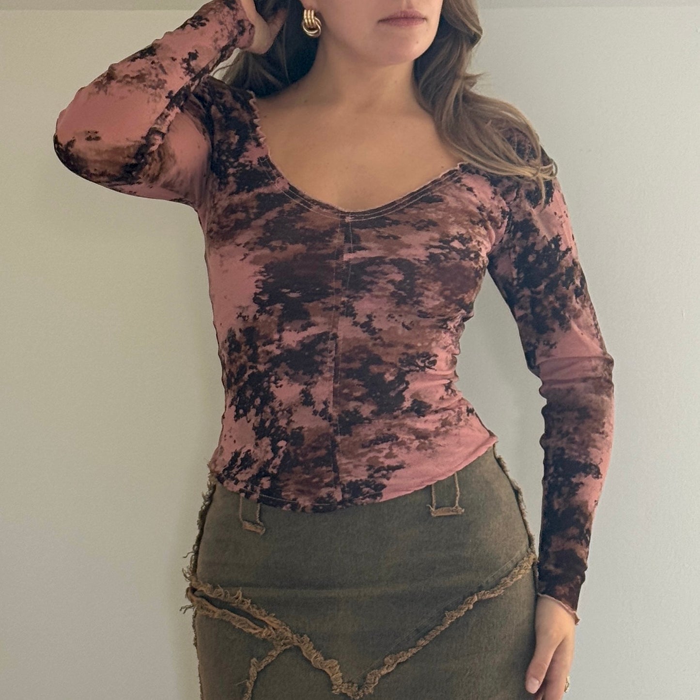 Pink long-sleeved mesh top - Size S