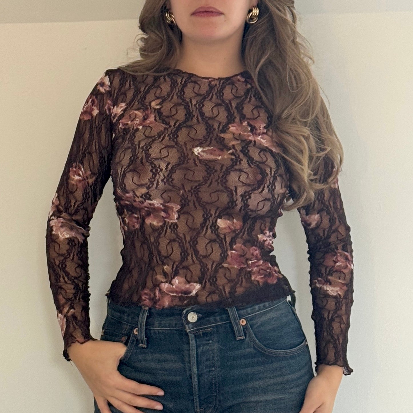 Brown lace mesh top - Size S