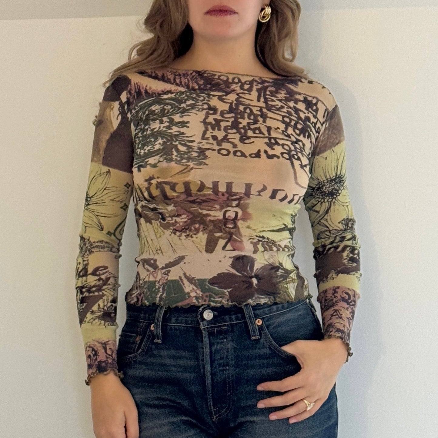 Green graphic print mesh top - Size S