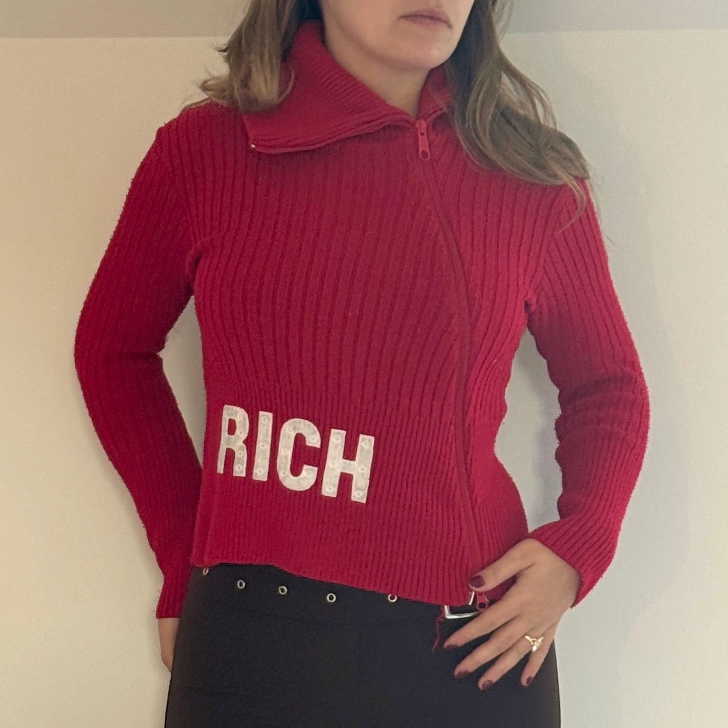 Red 'RICH' jumper - Size S