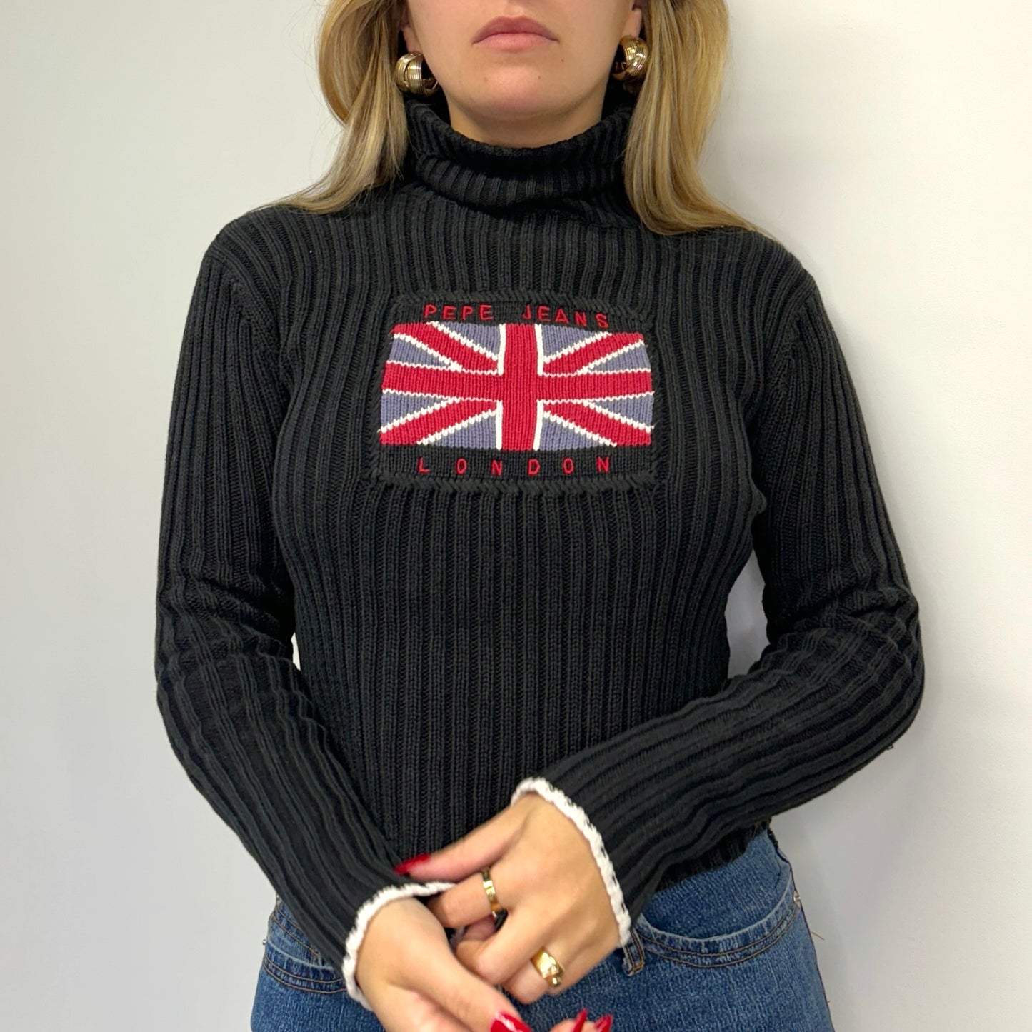 Black ribbed knit flag jumper - Size XS/S