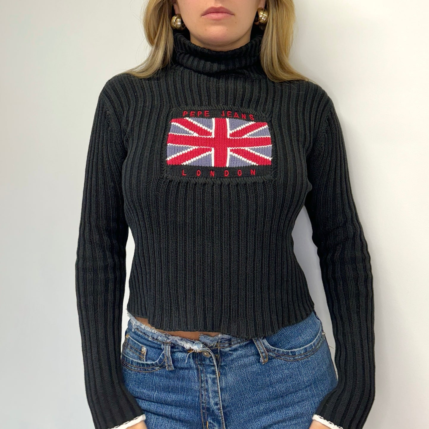 Black ribbed knit flag jumper - Size XS/S