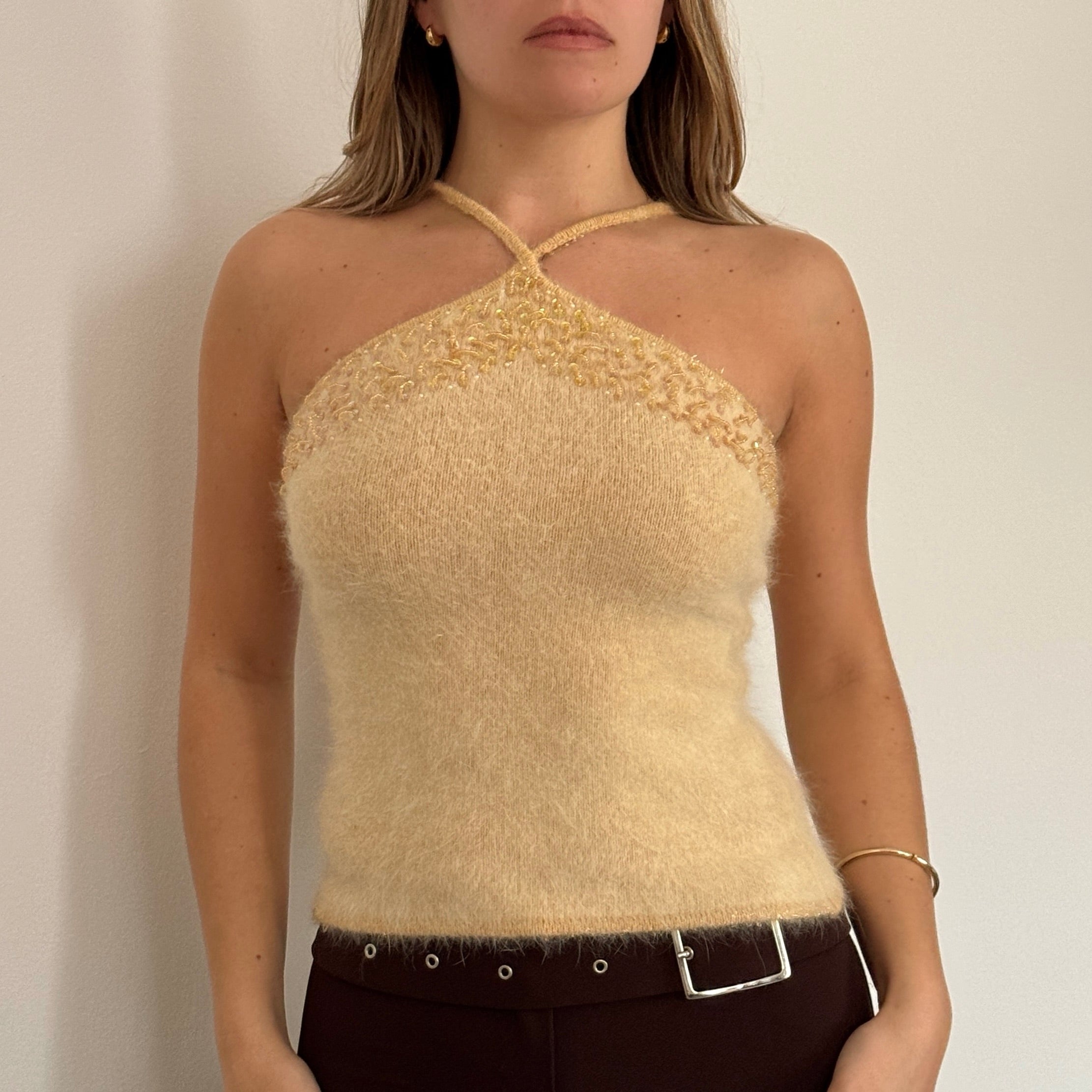 Yellow Angora Yellow angora knit beaded halter top - Size S – Emily Belinda