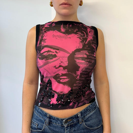 Pink and black graphic mesh tank - Size S/M