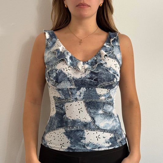 White and blue patchwork-style top - Size S