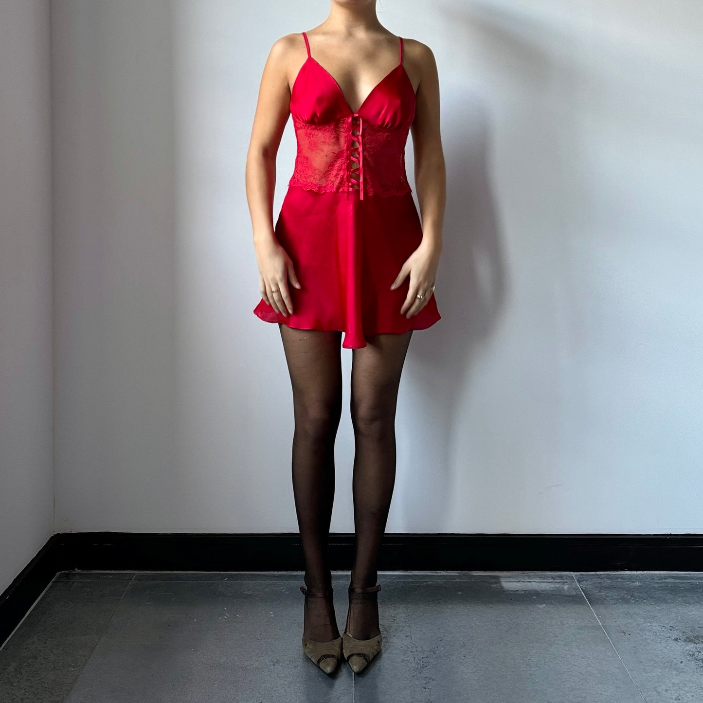 Red silk lace mini dress - Size S