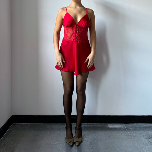 Red silk lace mini dress - Size S