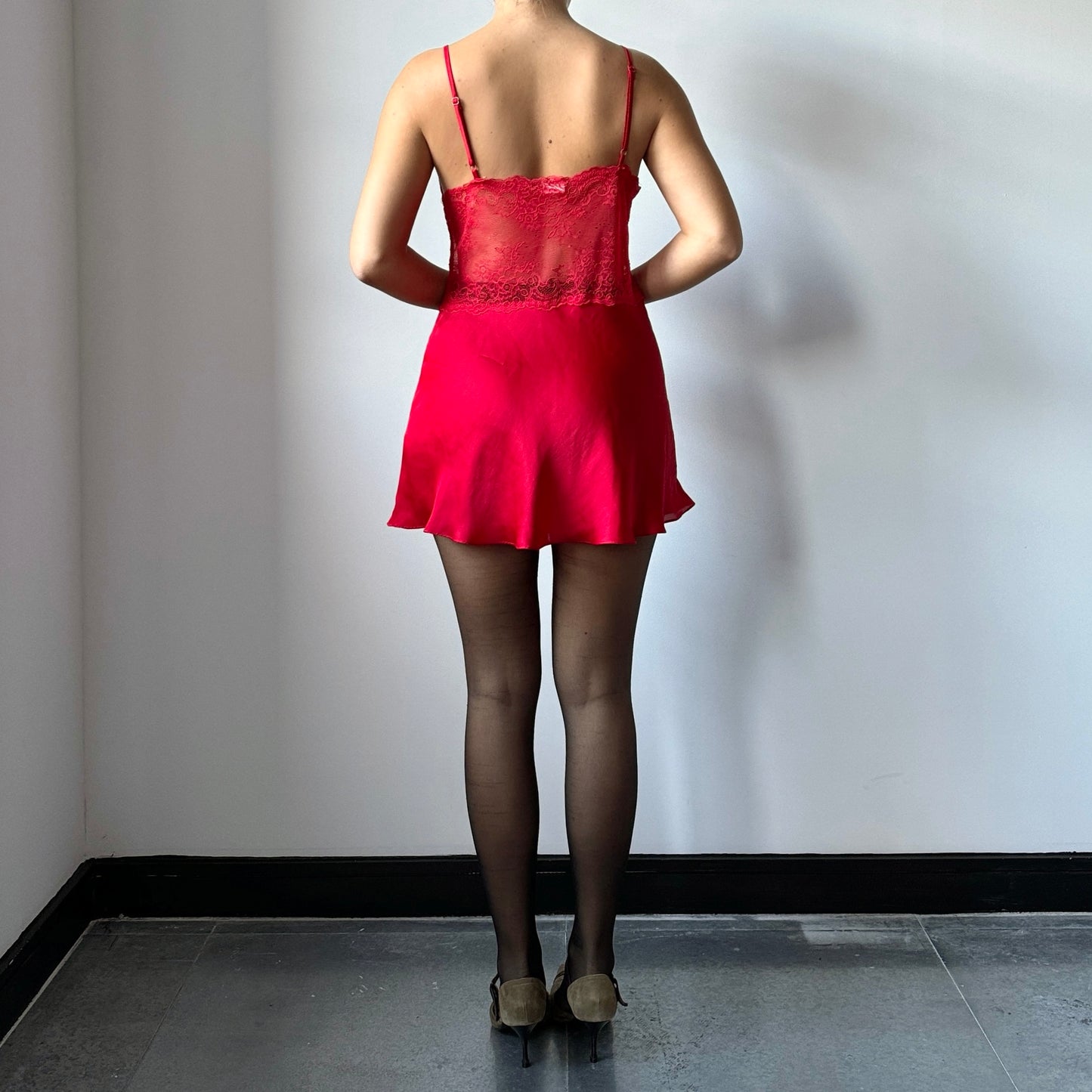 Red silk lace mini dress - Size S