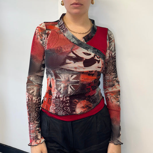 Red graphic long-sleeved mesh top - Size S